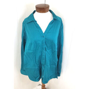 Lane Bryant Womens Size 22 Teal Striped V-Neck Long Sleeve Button Up Shirt